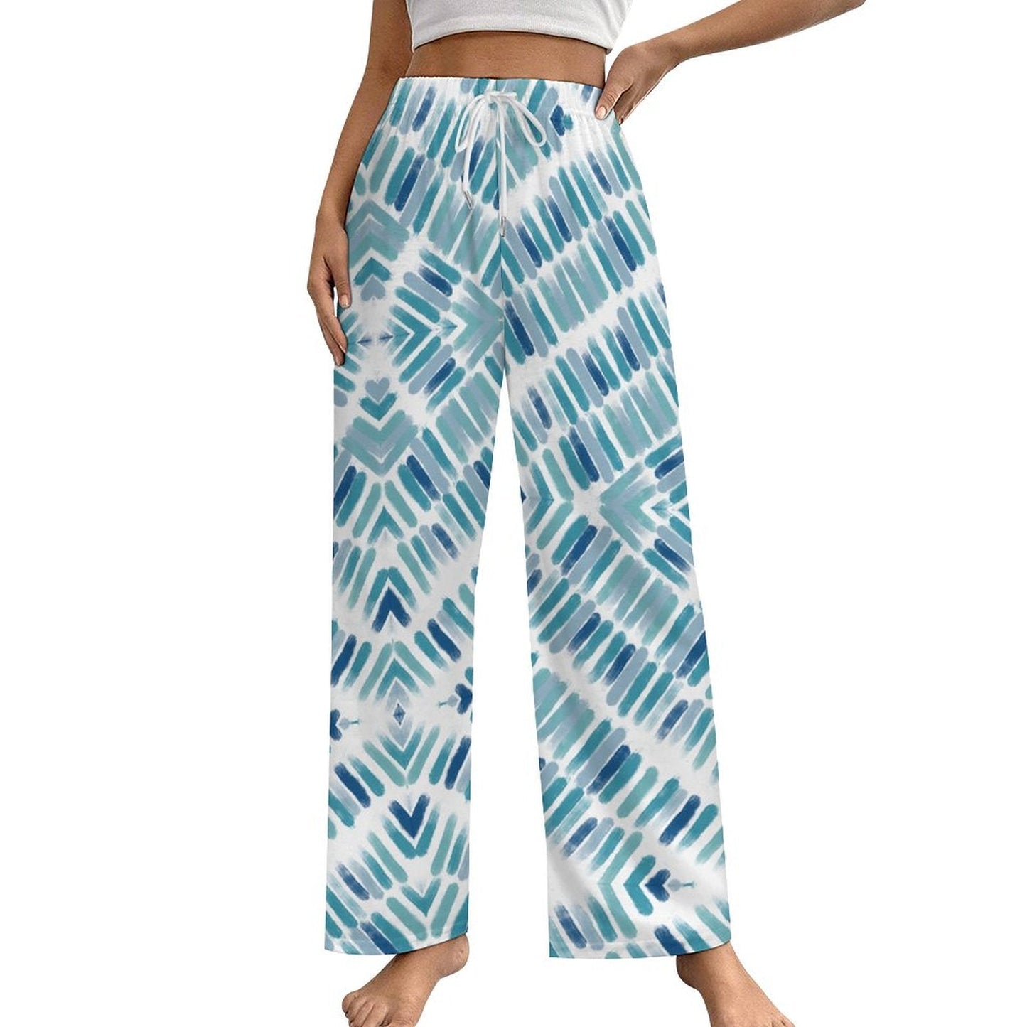 170gsm Faux Cotton Drawstring Women Wide Leg Pajamas Pants LM072 (All - Over Printing) - Blue Cava