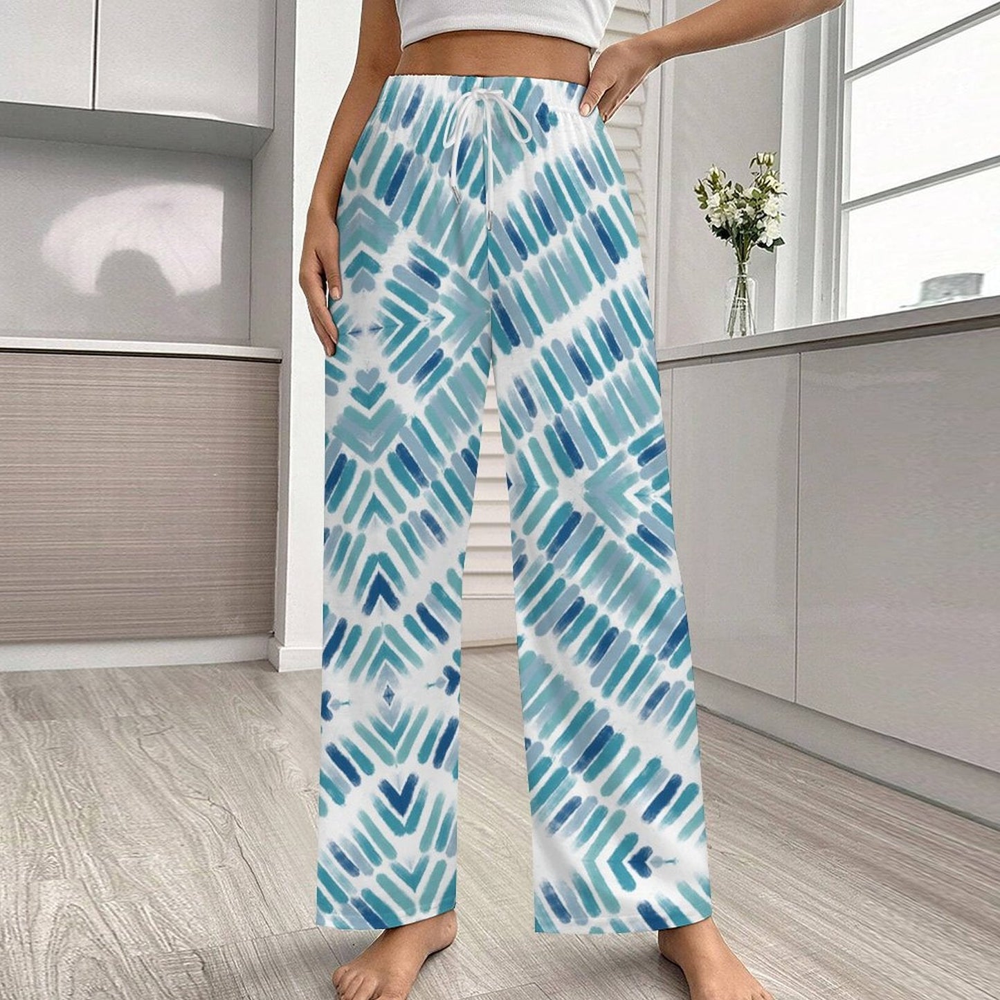 170gsm Faux Cotton Drawstring Women Wide Leg Pajamas Pants LM072 (All - Over Printing) - Blue Cava