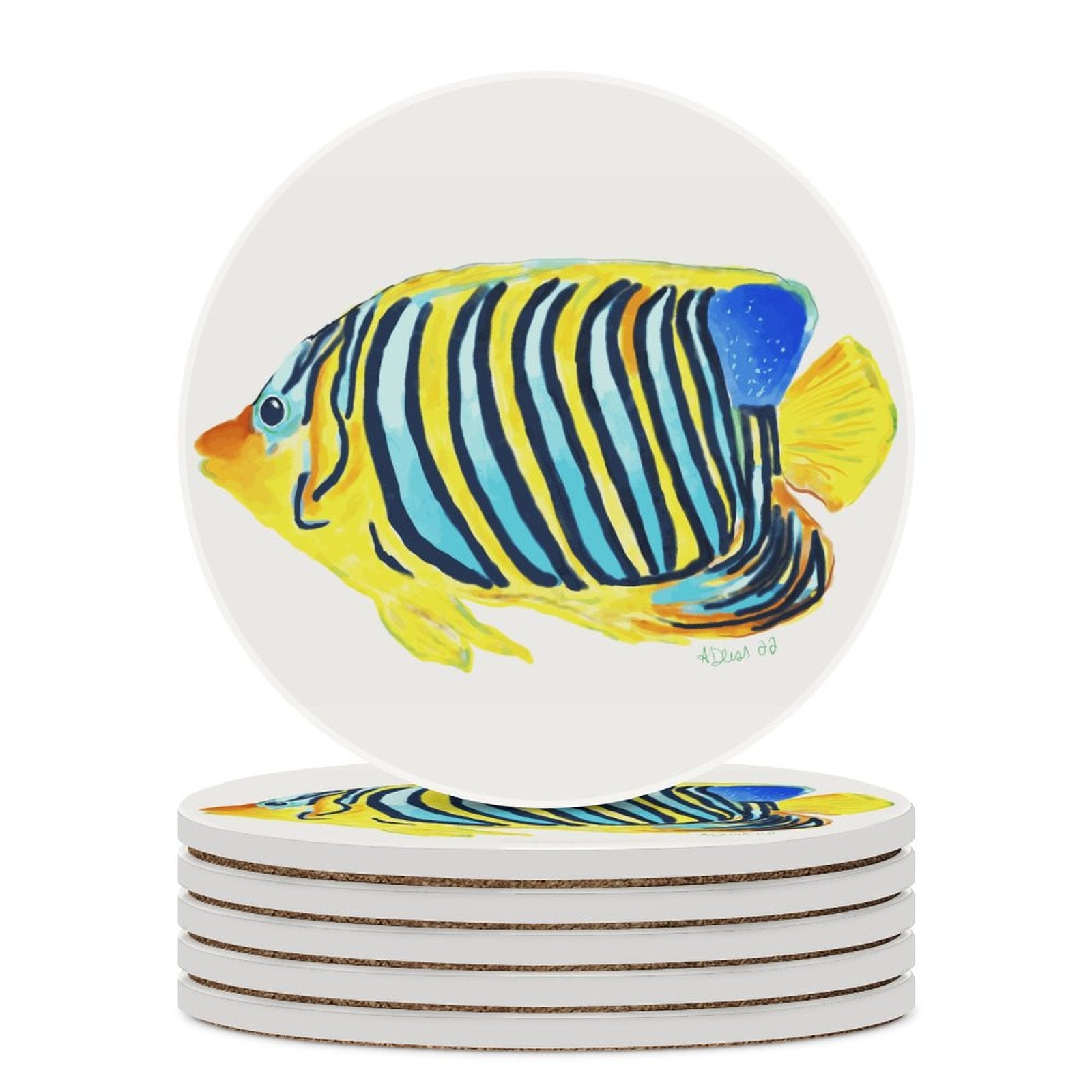 Angel Fish Round Ceramic Coaster Sets - Blue Cava