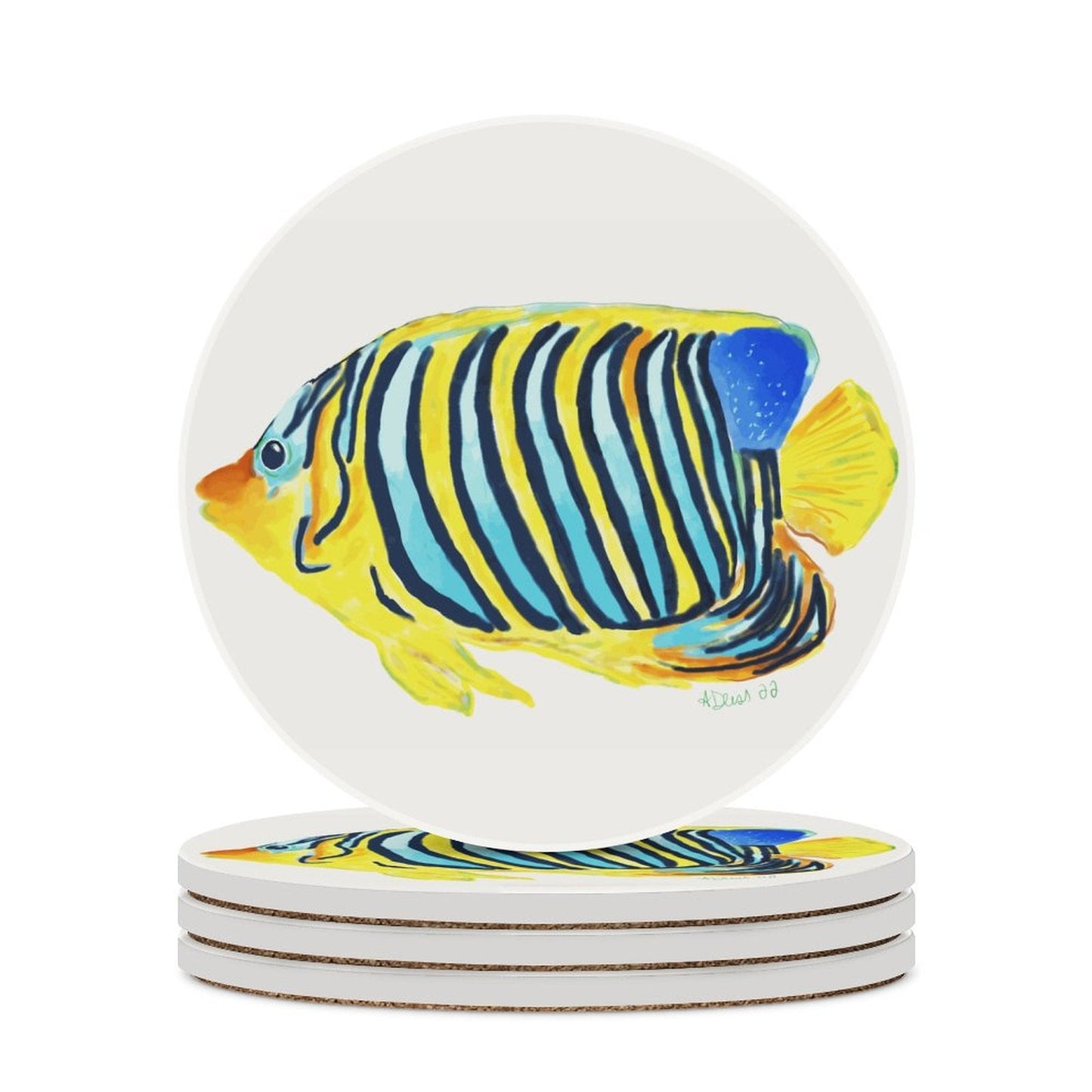 Angel Fish Round Ceramic Coaster Sets - Blue Cava