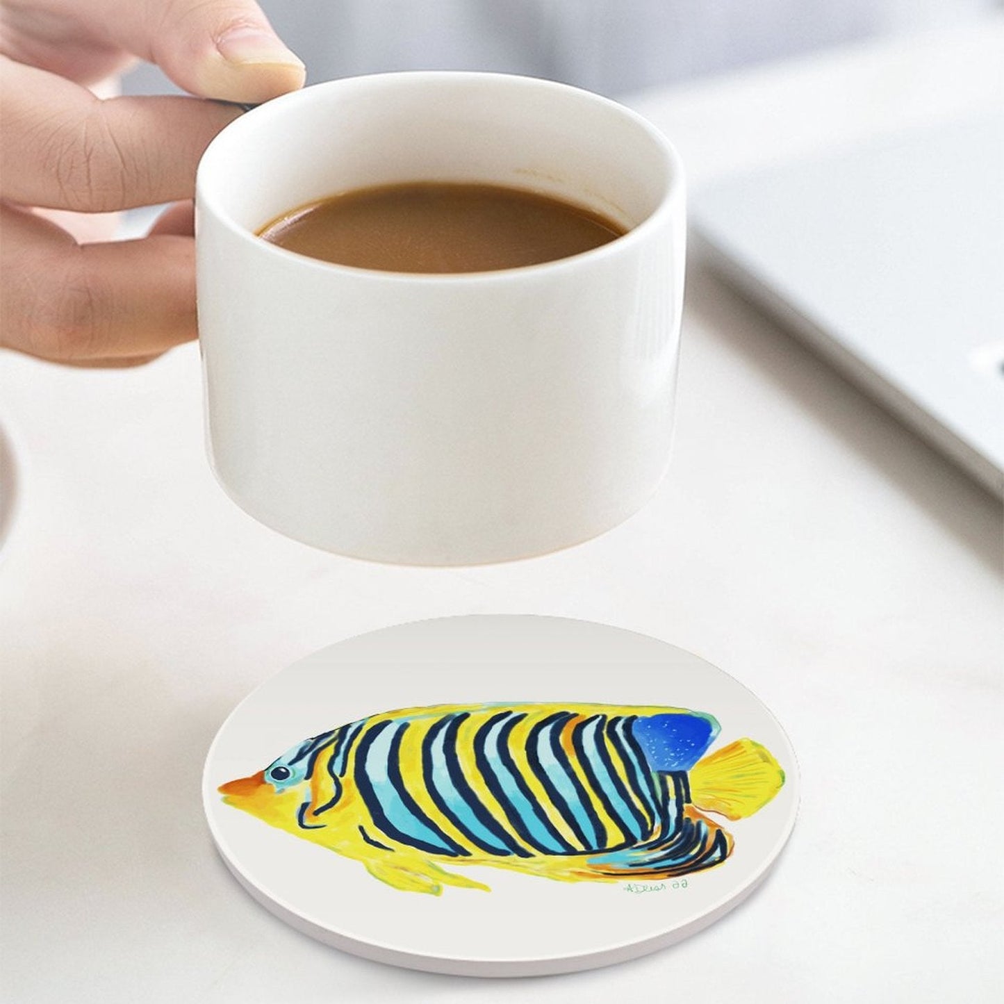 Angel Fish Round Ceramic Coaster Sets - Blue Cava