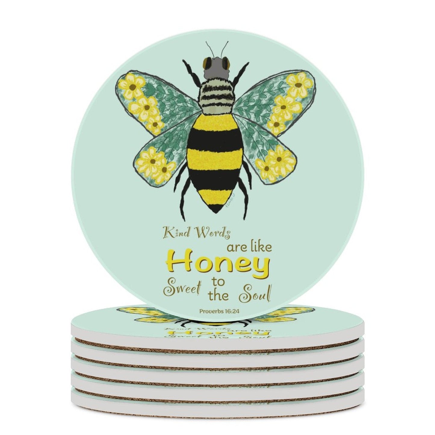 Bee Flower Round Ceramic Coaster - Blue Cava