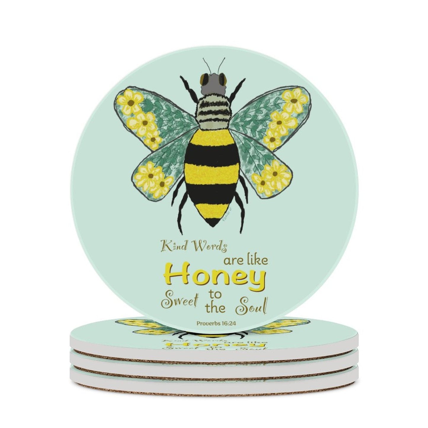 Bee Flower Round Ceramic Coaster - Blue Cava