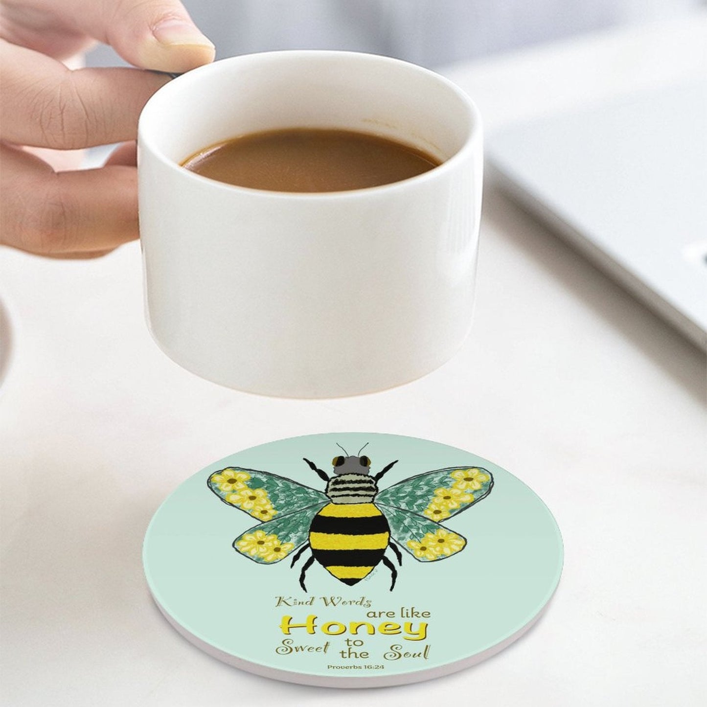 Bee Flower Round Ceramic Coaster - Blue Cava