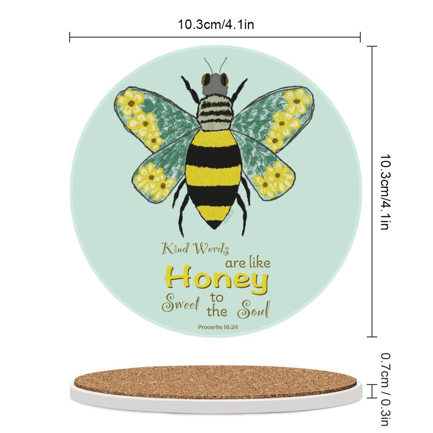 Bee Flower Round Ceramic Coaster - Blue Cava