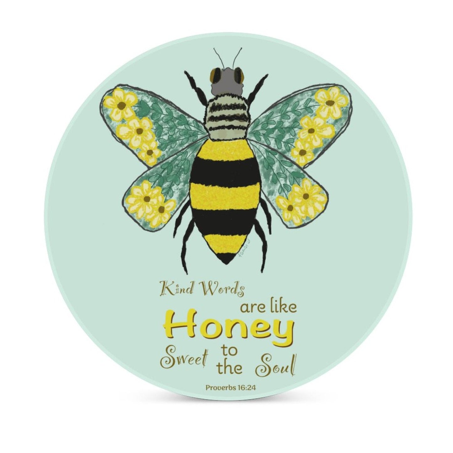 Bee Flower Round Ceramic Coaster - Blue Cava