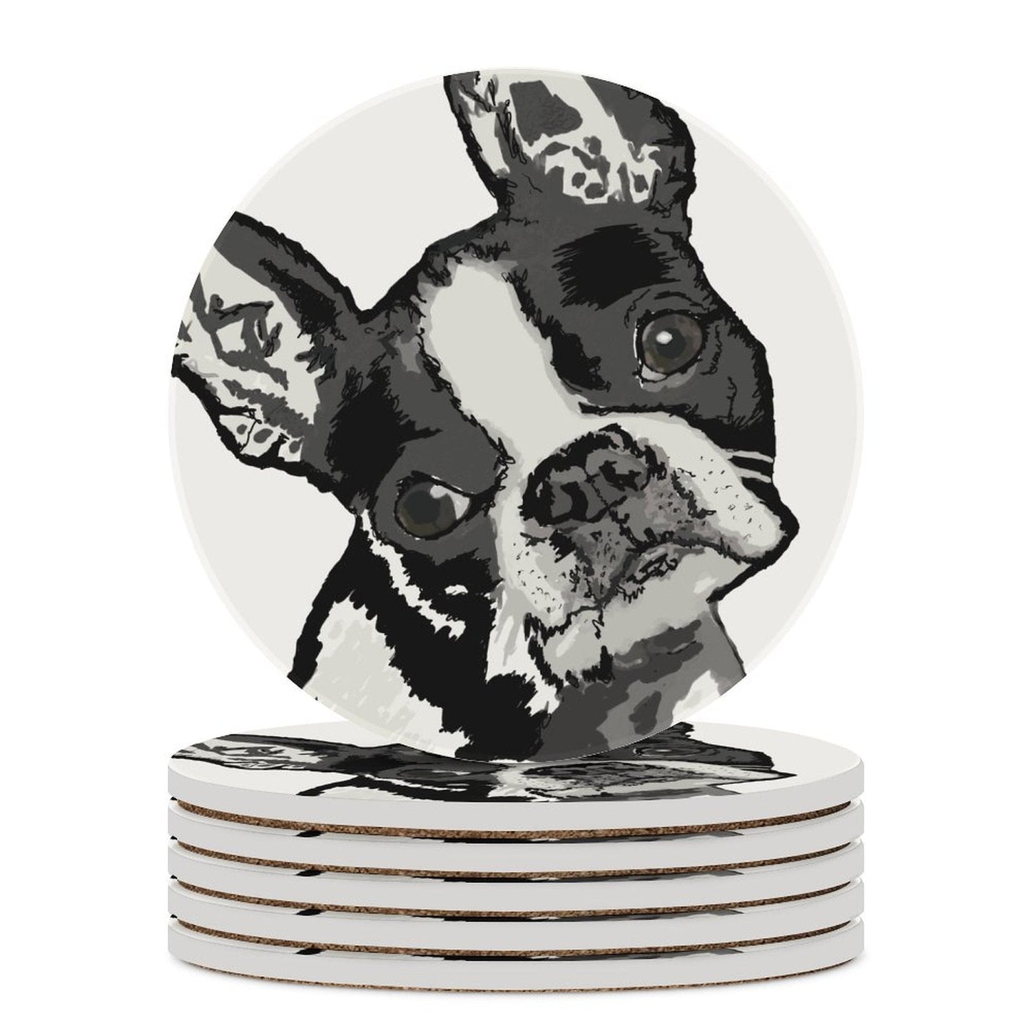 Boston Terrier "Bugsy" Round Ceramic Coaster - Blue Cava