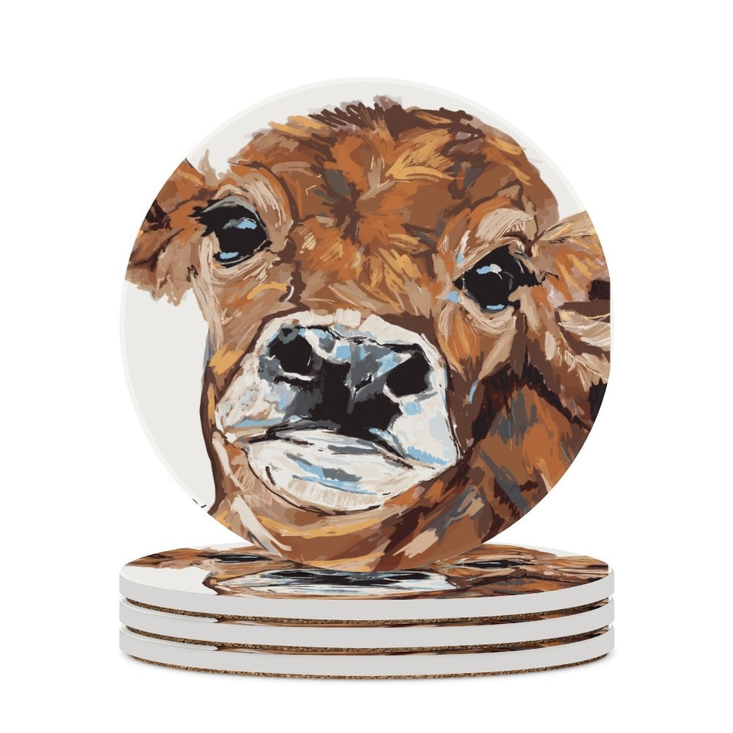 Brown Cow Round Ceramic Coaster Sets - Blue Cava