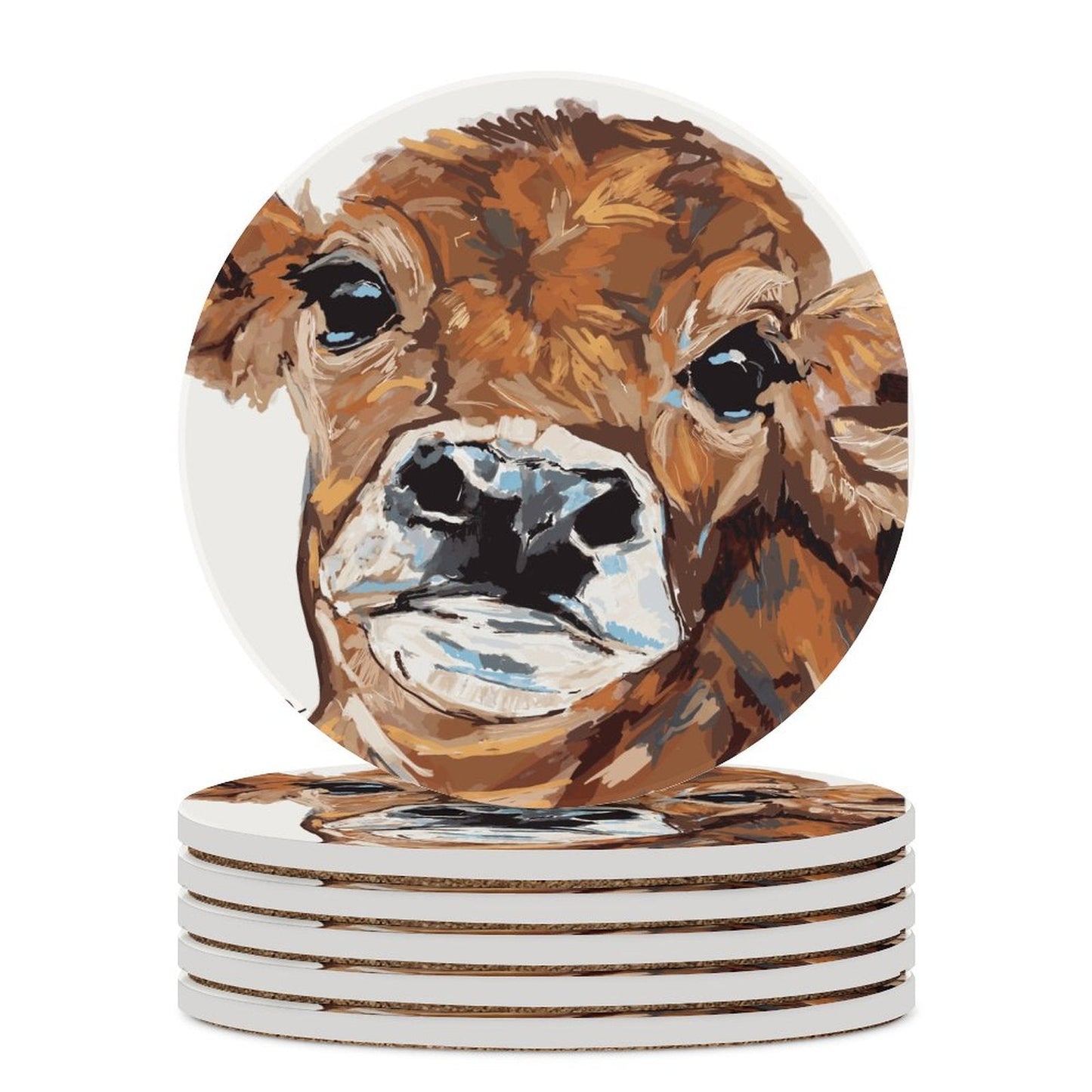 Brown Cow Round Ceramic Coaster Sets - Blue Cava