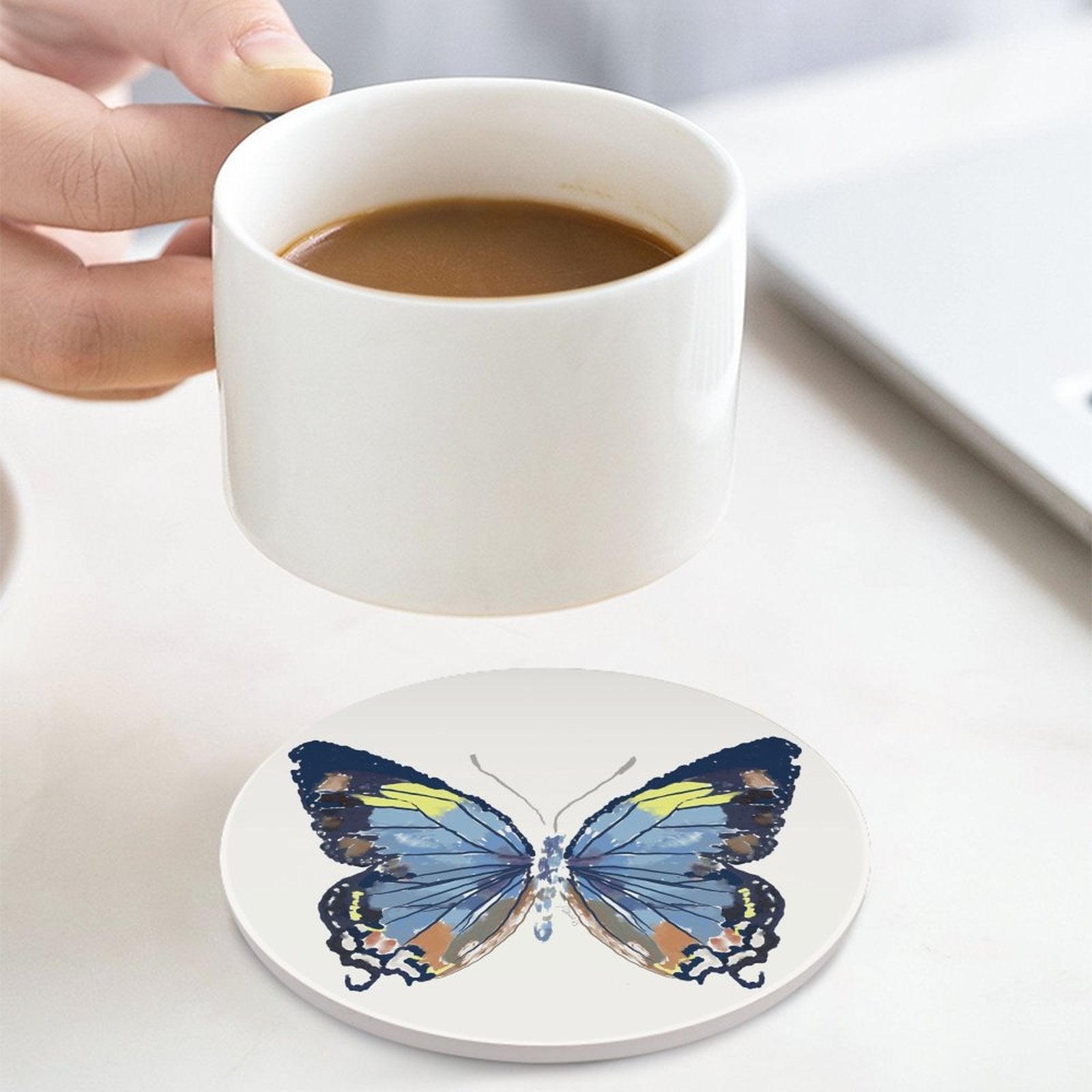 Butterfly Round Ceramic Coaster Sets - Blue Cava