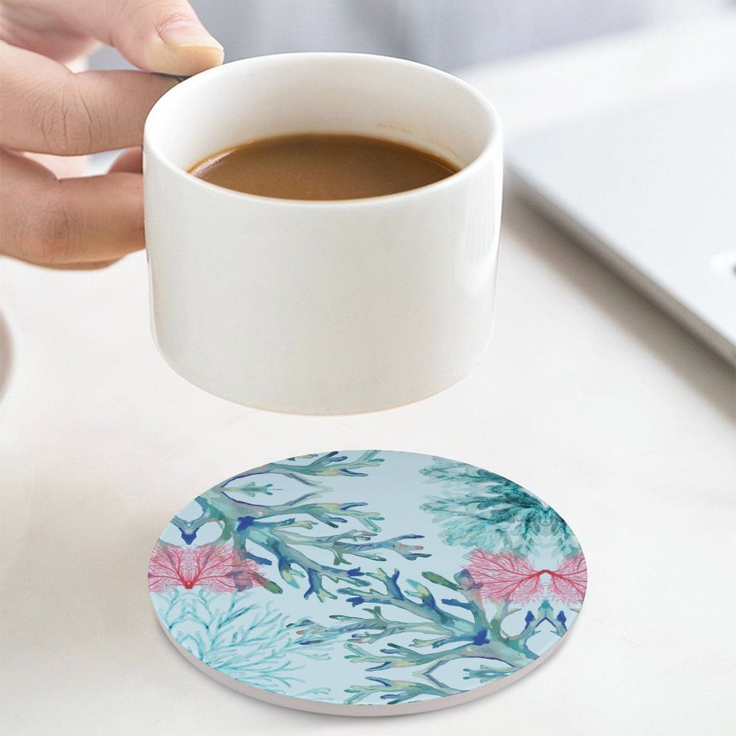 Coastal Coral Round Ceramic Coaster Sets - Blue Cava