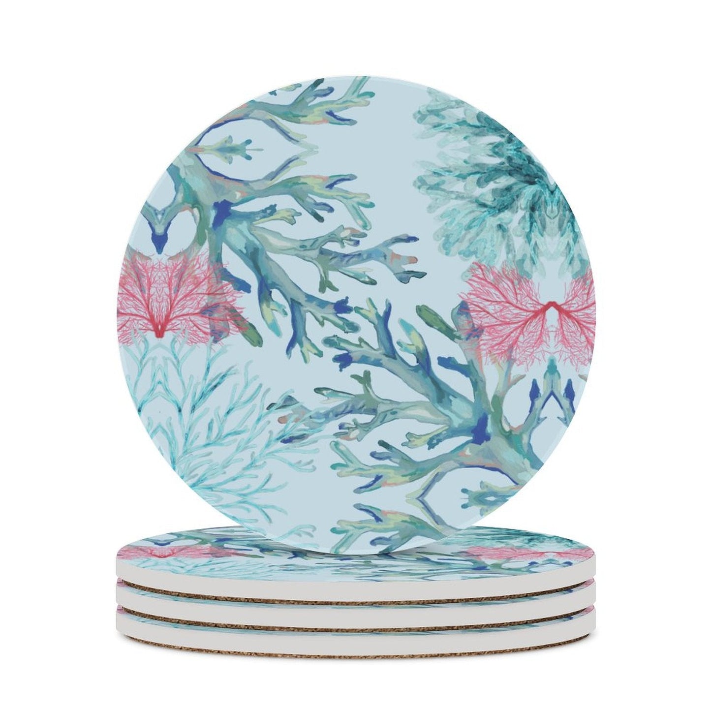 Coastal Coral Round Ceramic Coaster Sets - Blue Cava