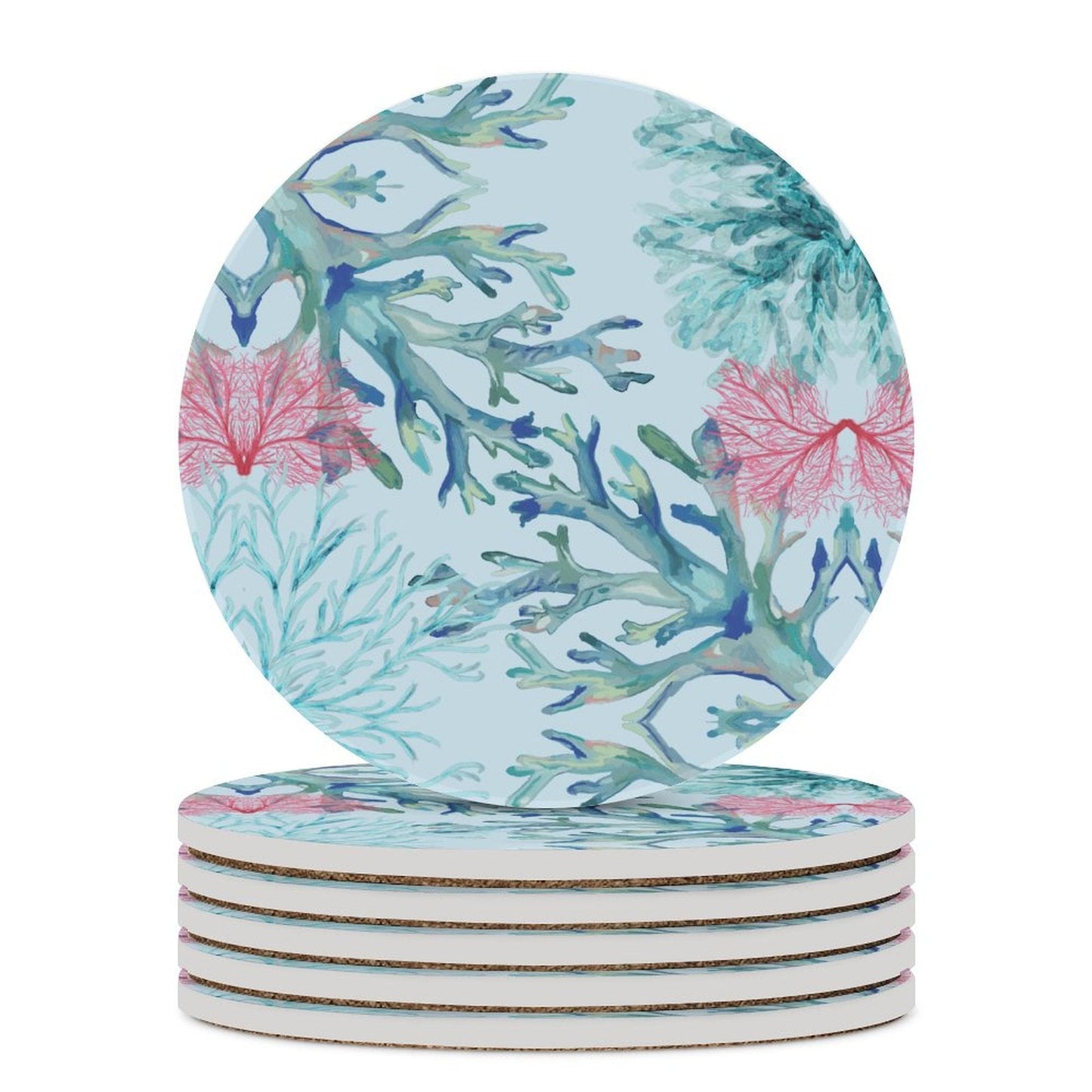 Coastal Coral Round Ceramic Coaster Sets - Blue Cava