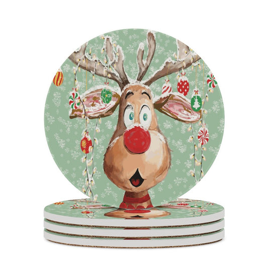 "Pedro" Reindeer Round Ceramic Coaster Sets