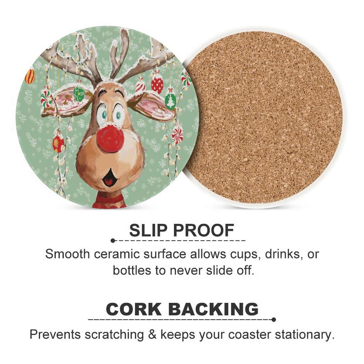 "Pedro" Reindeer Round Ceramic Coaster Sets