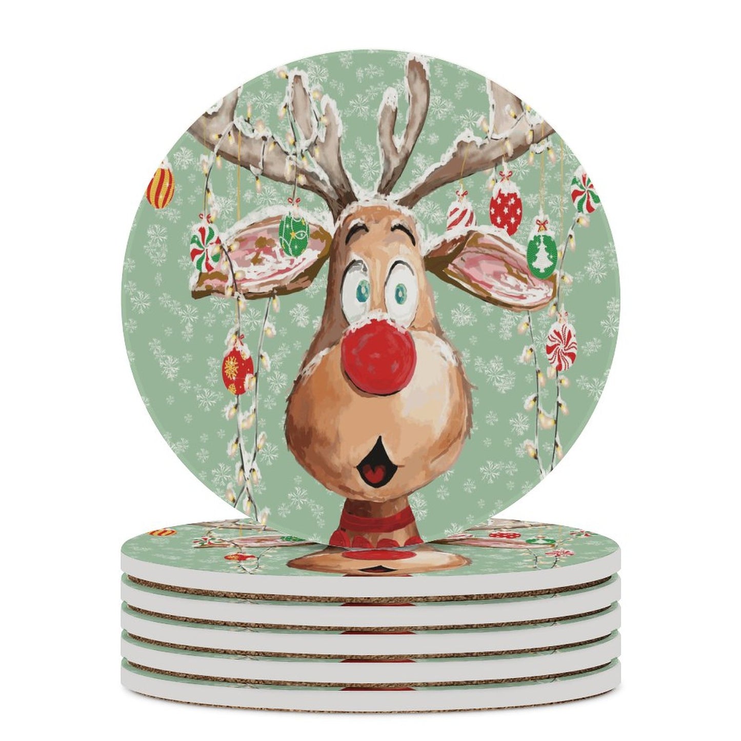 "Pedro" Reindeer Round Ceramic Coaster Sets