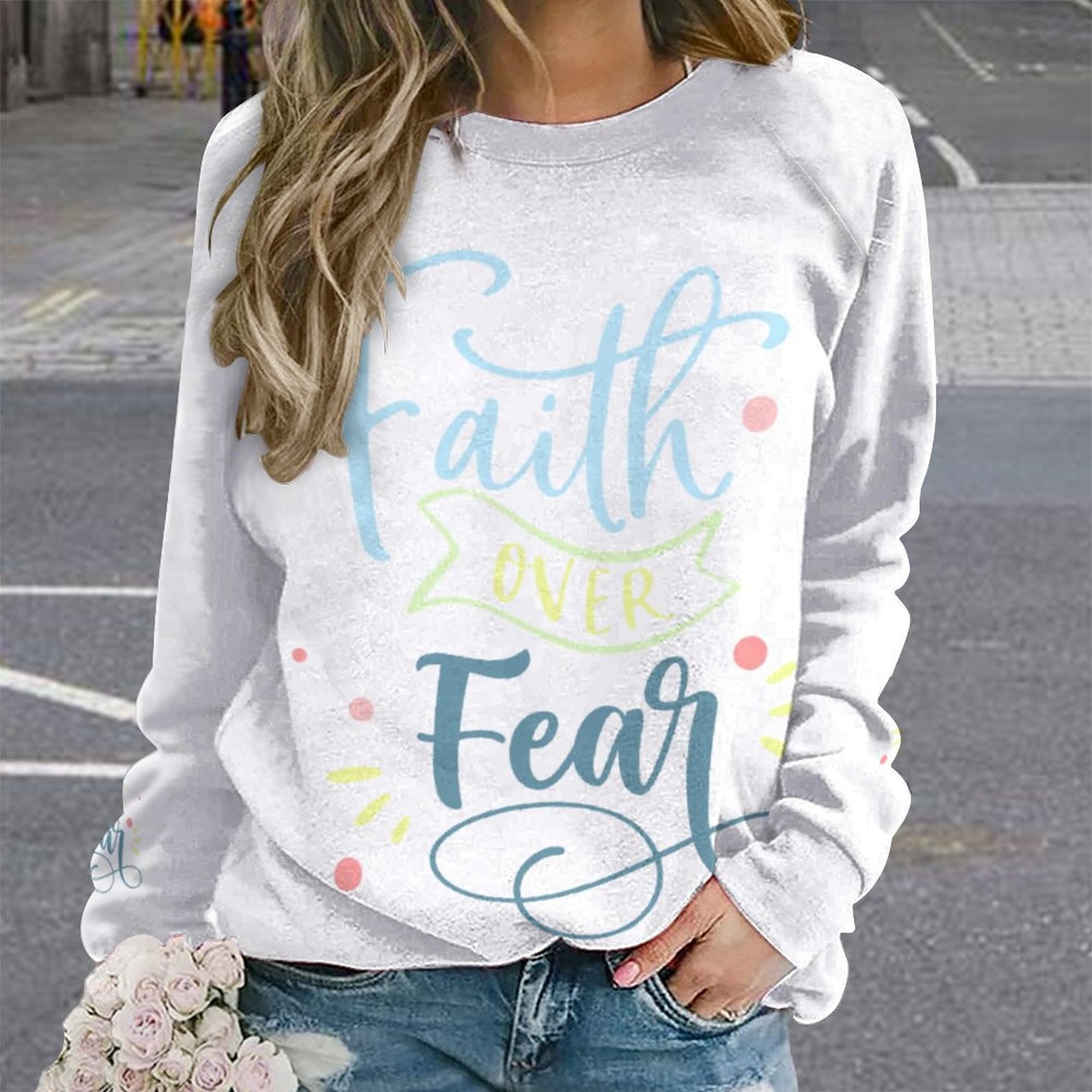 Faith Over Fear Sweatshirt Designs Raglan Style - Blue Cava