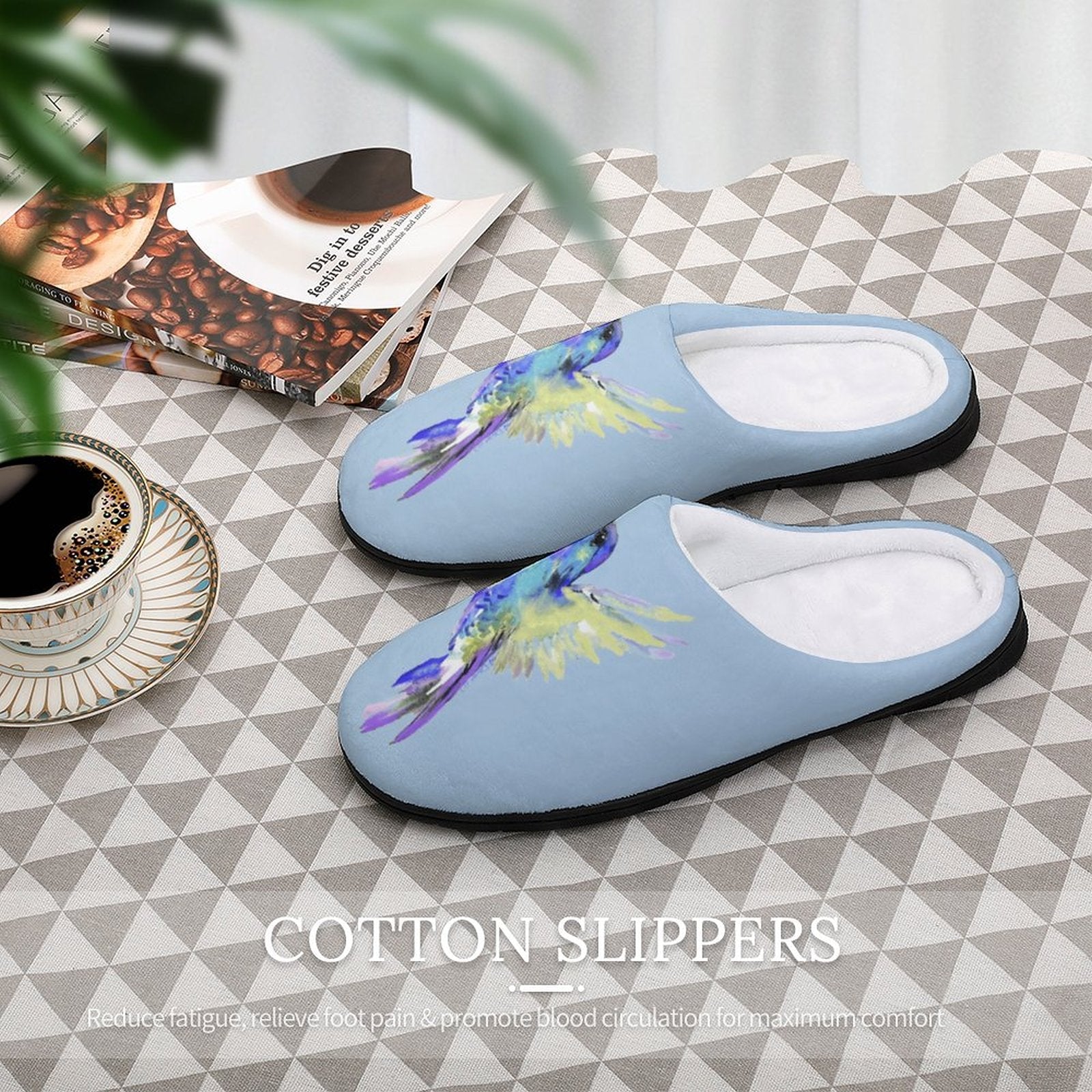 Flossie Hummingbird Custom Women's Cotton Slippers for Indoor Wear - Blue Cava