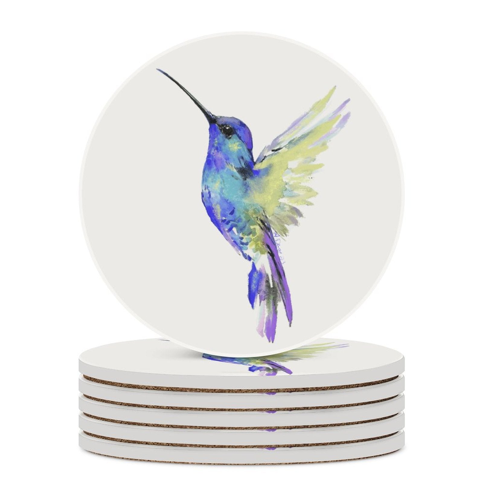 Flossie Hummingbird Round Ceramic Coaster - Blue Cava