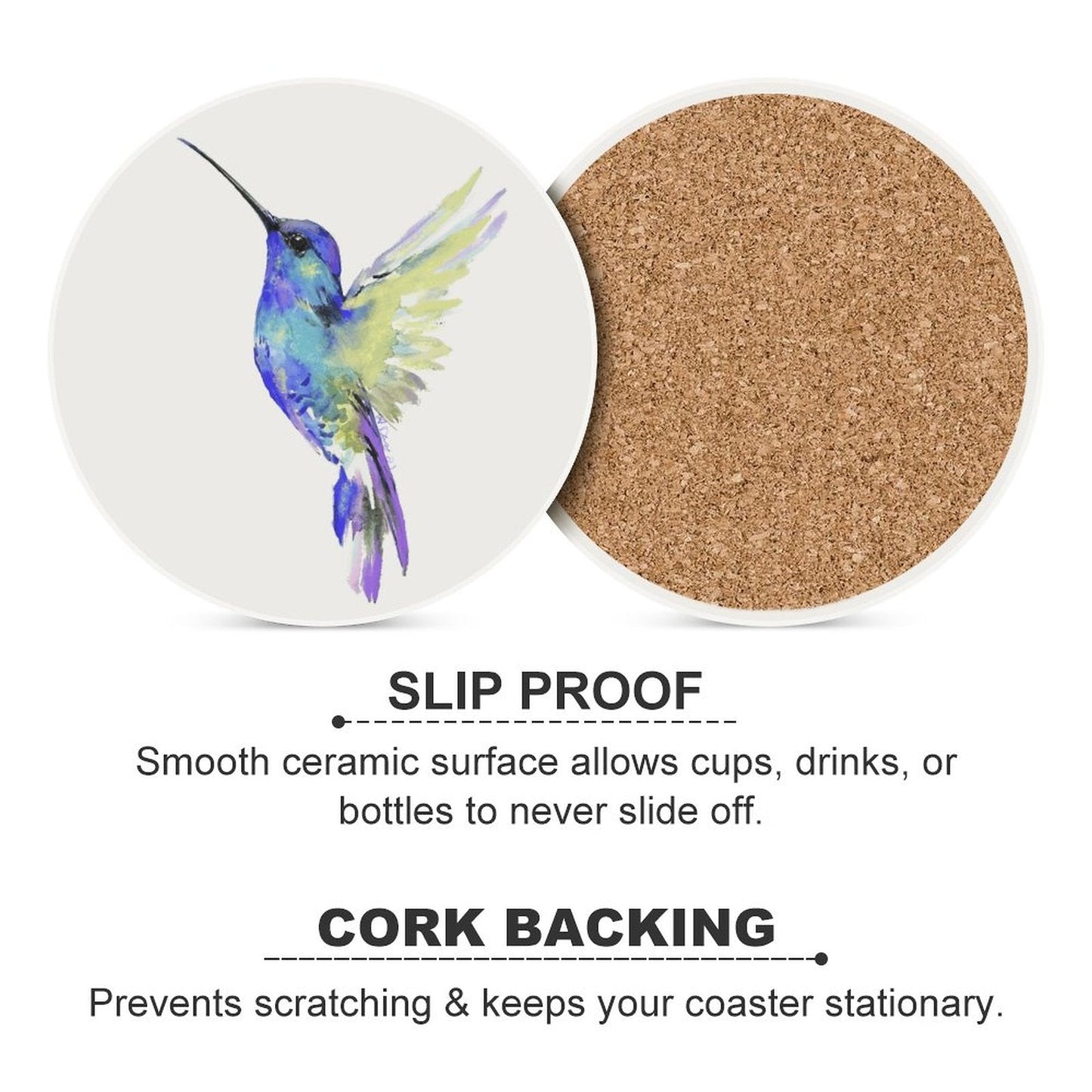 Flossie Hummingbird Round Ceramic Coaster - Blue Cava