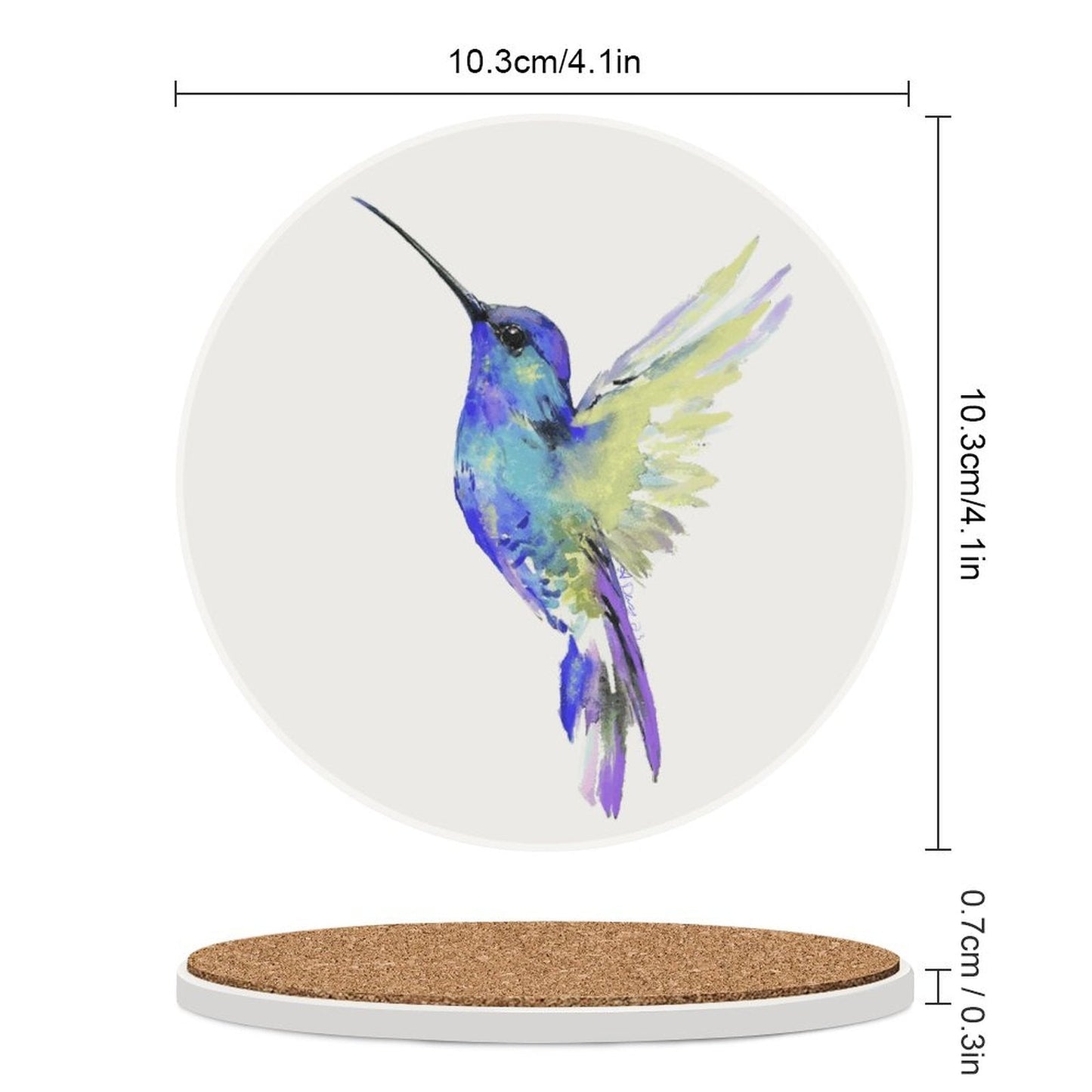 Flossie Hummingbird Round Ceramic Coaster - Blue Cava