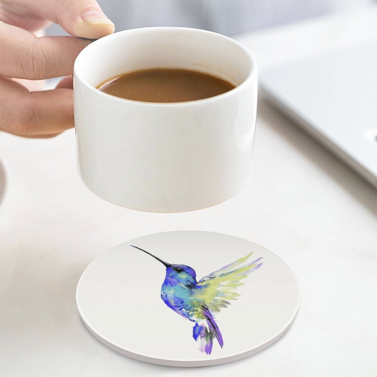 Flossie Hummingbird Round Ceramic Coaster - Blue Cava