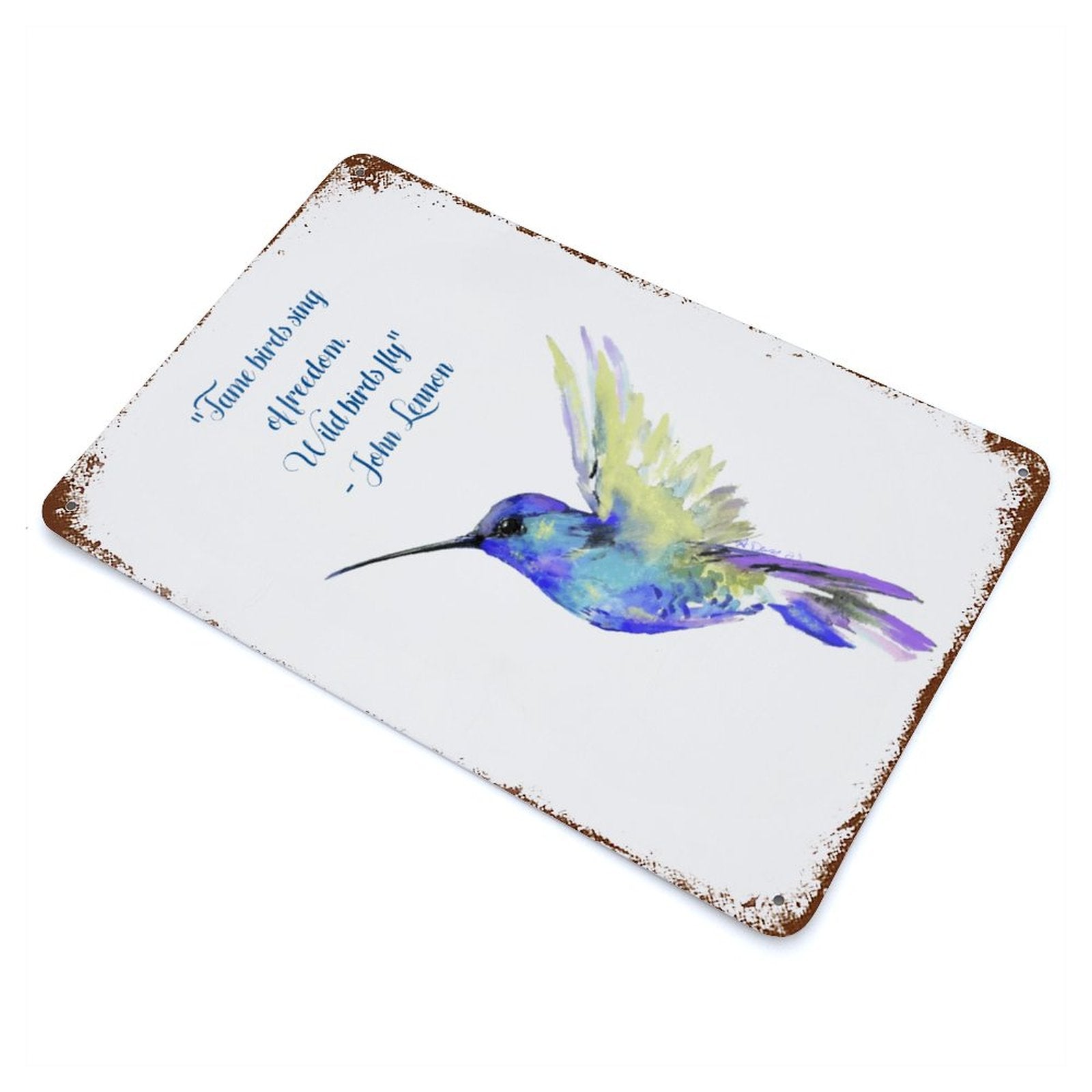 Flossie Hummingbird Rusted Vintage Metal Wall Art Tin Sign-11.8"x7.9"/ 30x20cm - Blue Cava