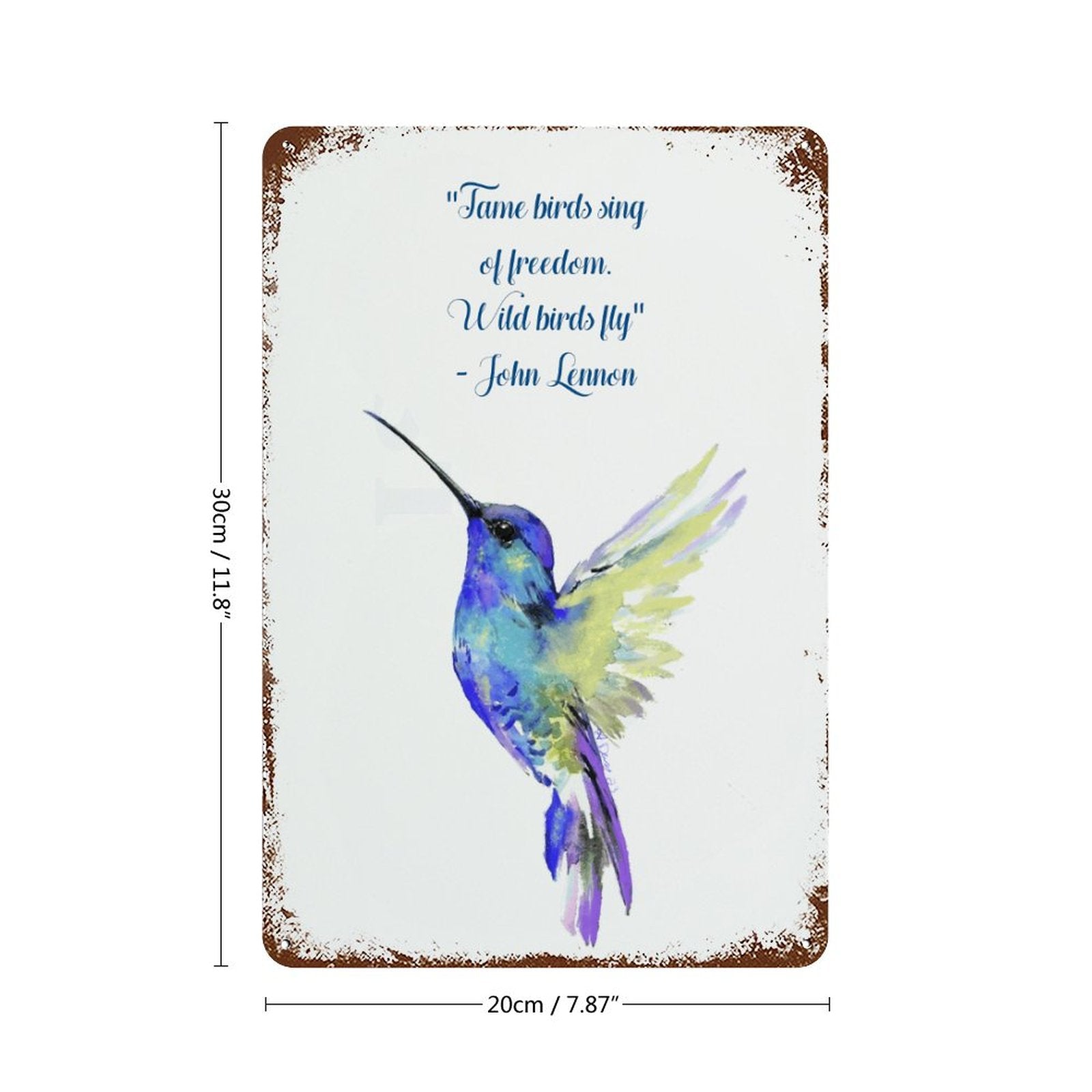 Flossie Hummingbird Rusted Vintage Metal Wall Art Tin Sign-11.8"x7.9"/ 30x20cm - Blue Cava