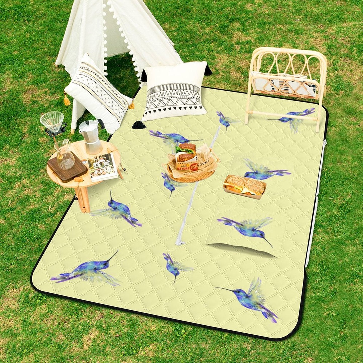 Flossie Hummingbird Zipper Foldable Picnic Mat - Blue Cava