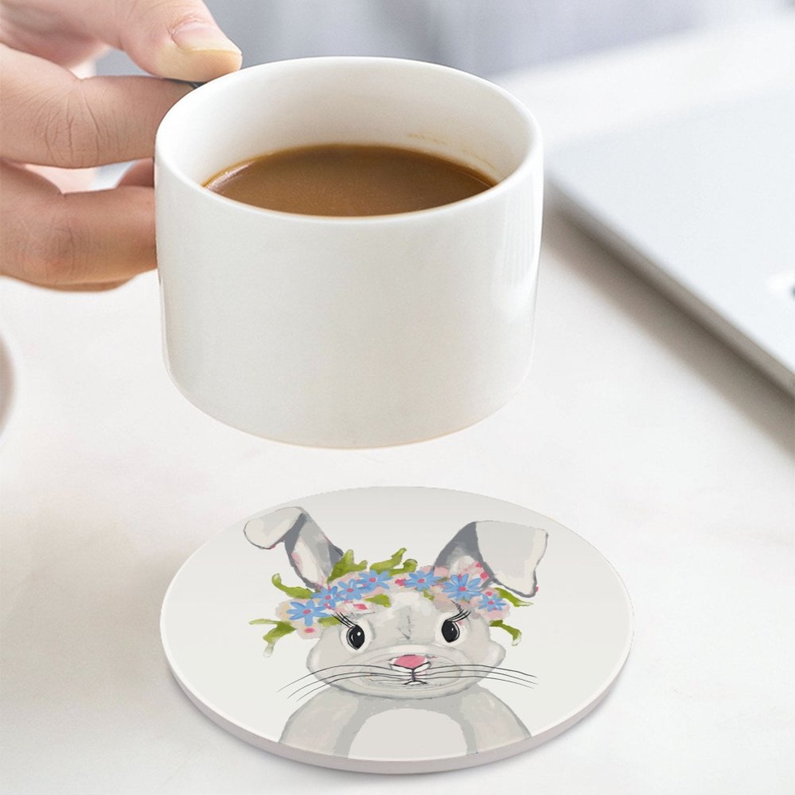 “Hops A Lot” Bunny Rabbit Ceramic Coaster - Blue Cava