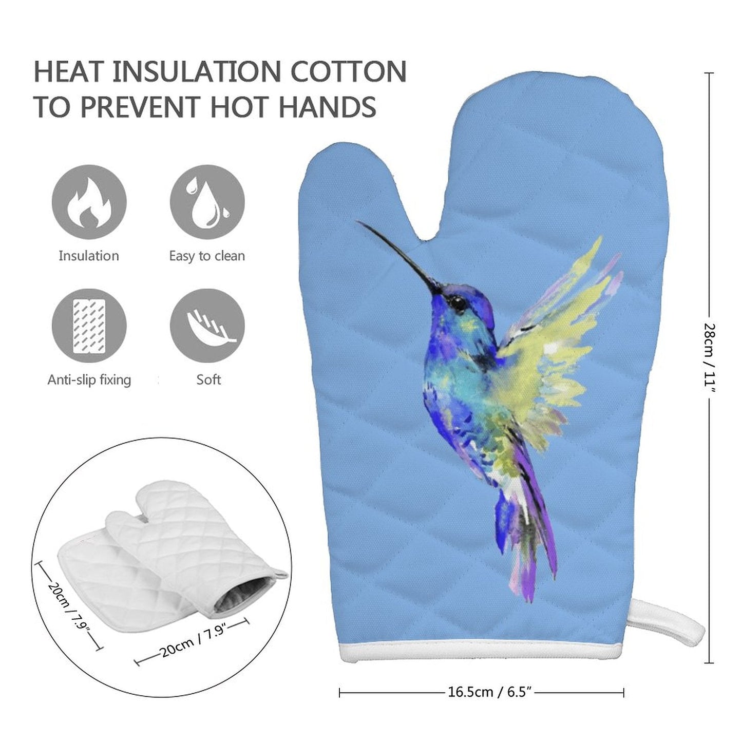 Hummingbird Oven Mitt Set - Blue Cava