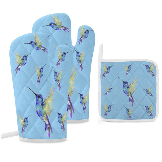 Hummingbird Oven Mitts & Pot Holder Set - Blue Cava