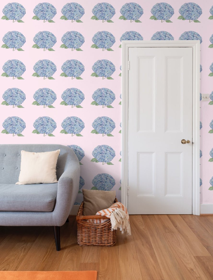 Hydrangea Blue and Pink Wallpaper - Blue Cava