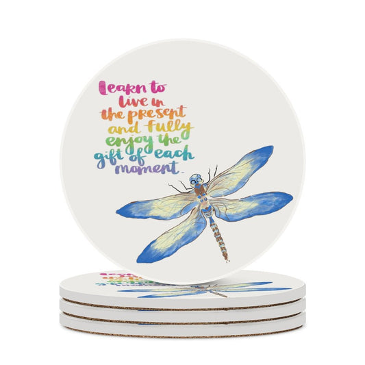 Learn To Live Dragonfly Round Ceramic Coaster Sets - Blue Cava