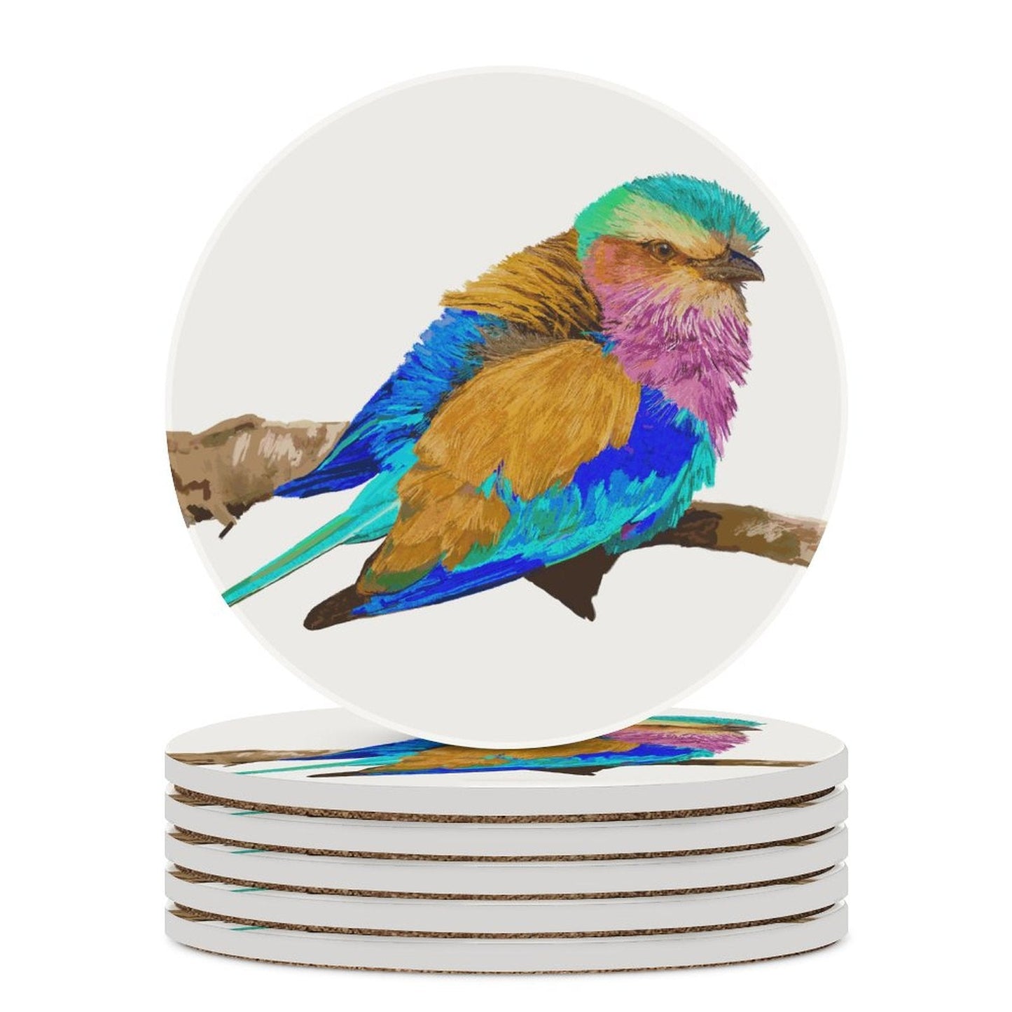 Lilac Breasted Roller Bird Round Ceramic Coaster Sets - Blue Cava