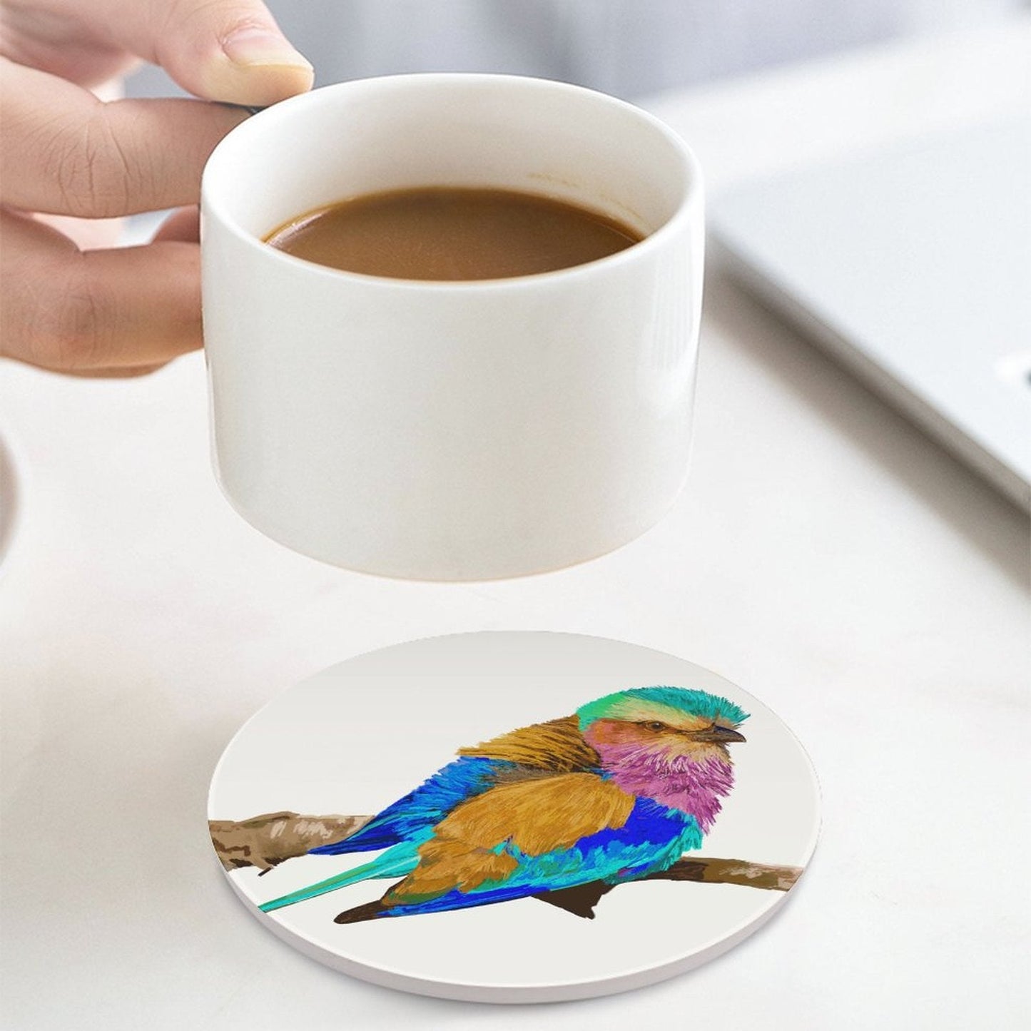 Lilac Breasted Roller Bird Round Ceramic Coaster Sets - Blue Cava