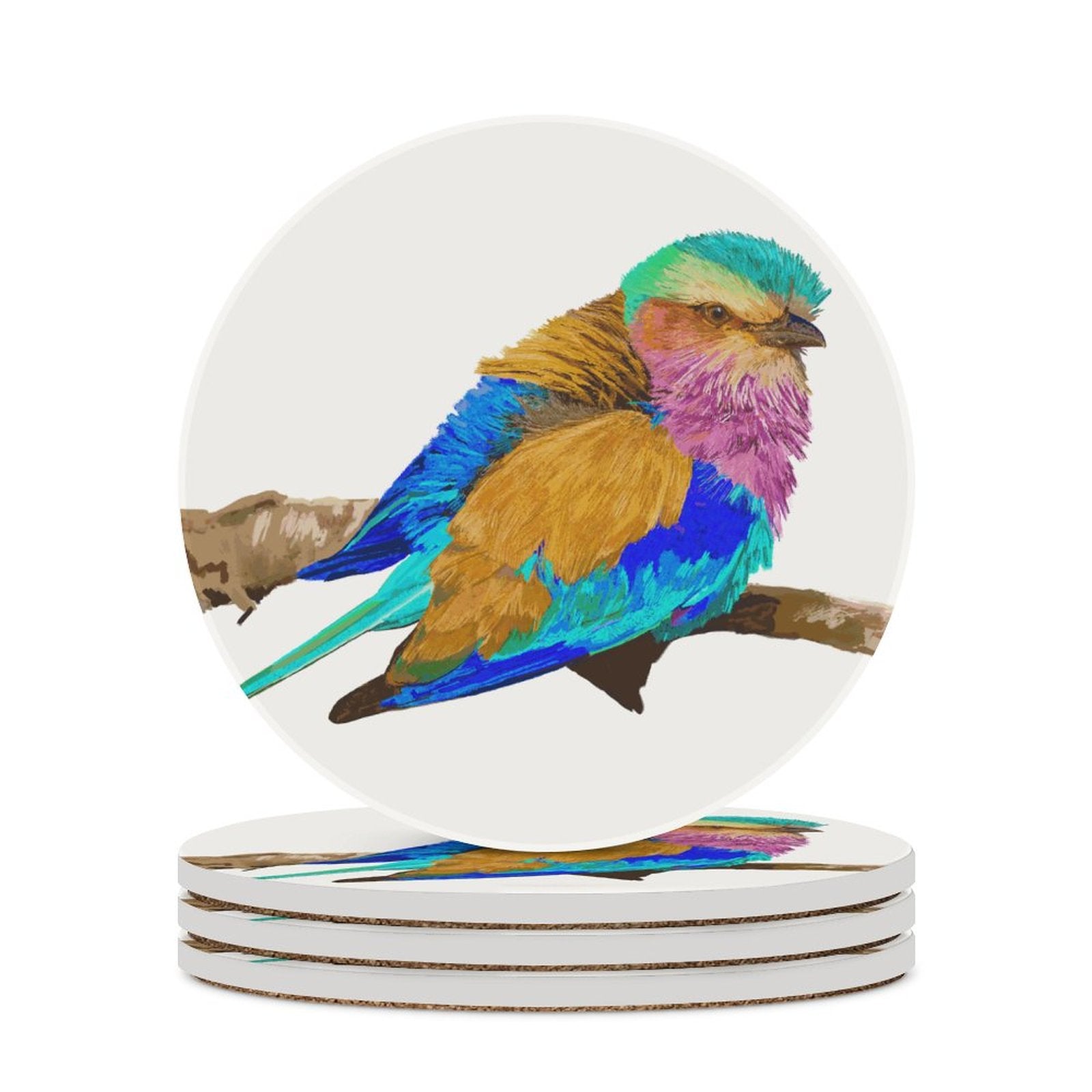 Lilac Breasted Roller Bird Round Ceramic Coaster Sets - Blue Cava