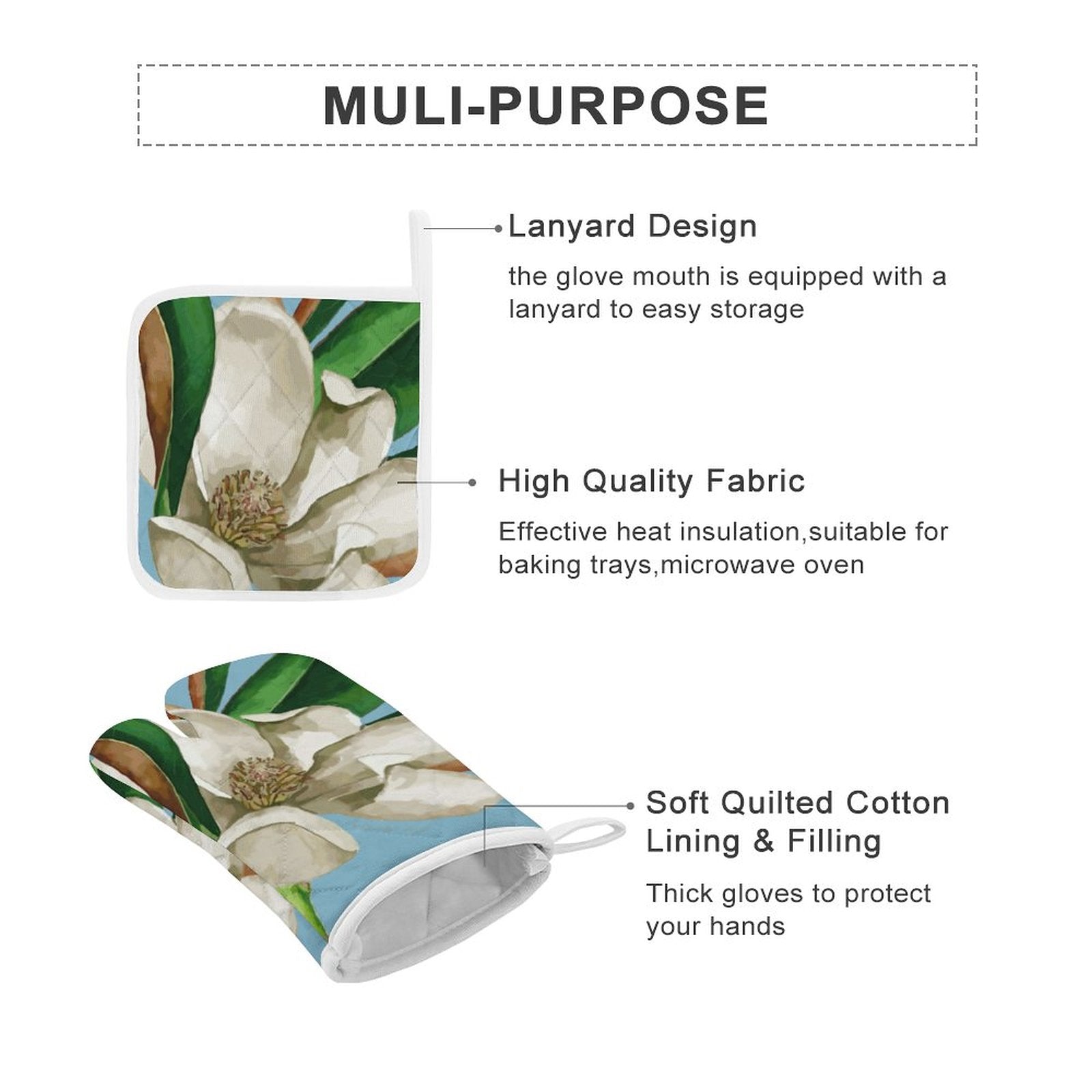 Magnolia Oven Mitts & Pad (Set of 3) - Blue Cava