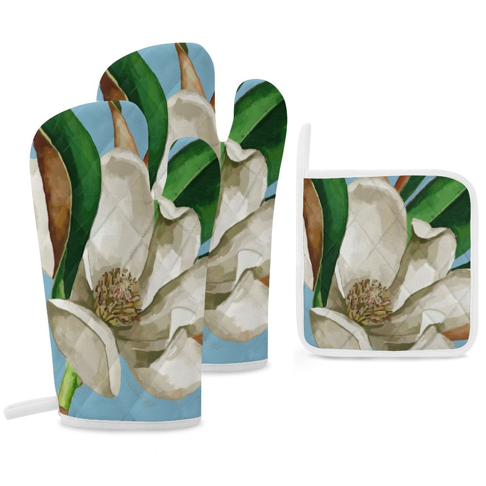 Magnolia Oven Mitts & Pad (Set of 3) - Blue Cava