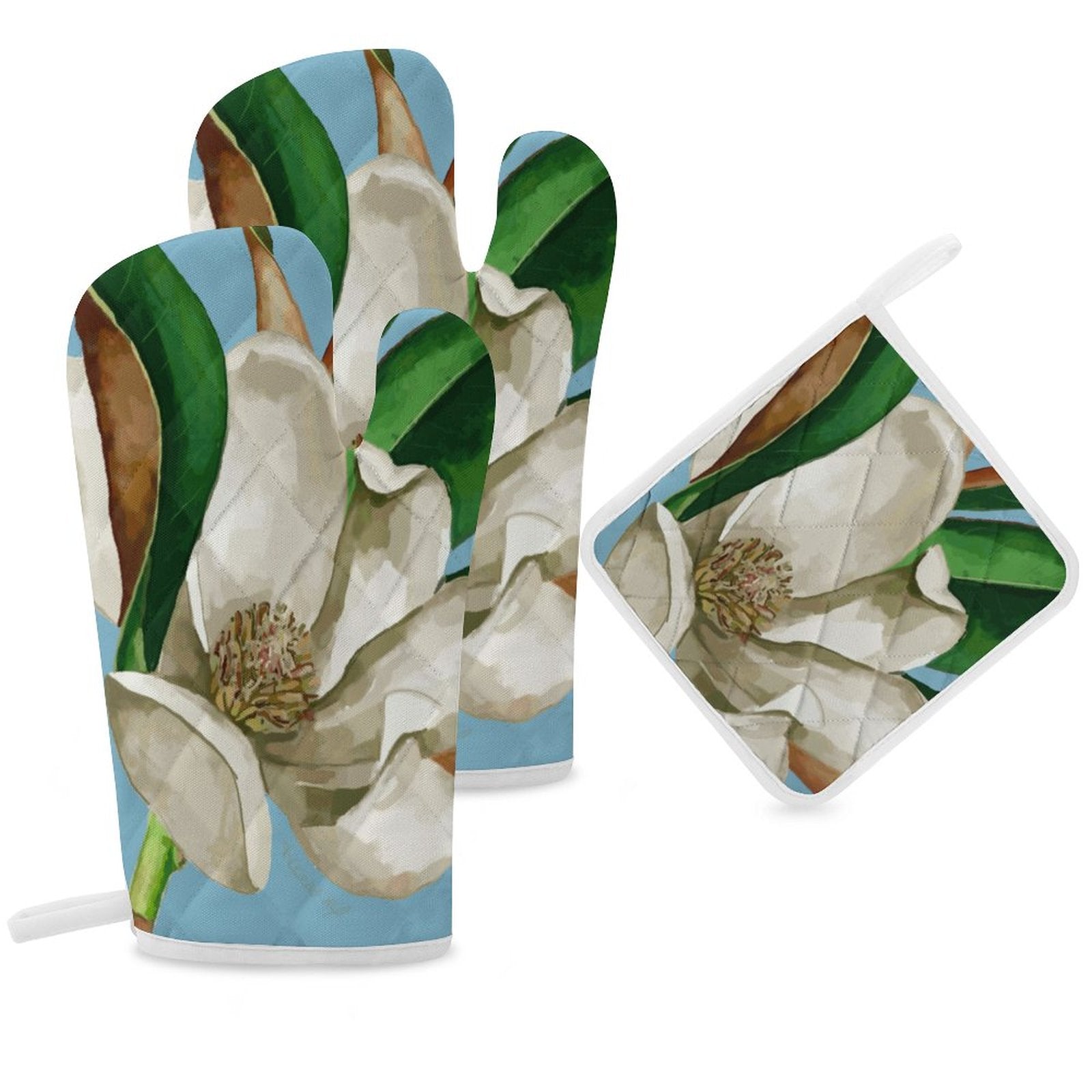 Magnolia Oven Mitts & Pad (Set of 3) - Blue Cava