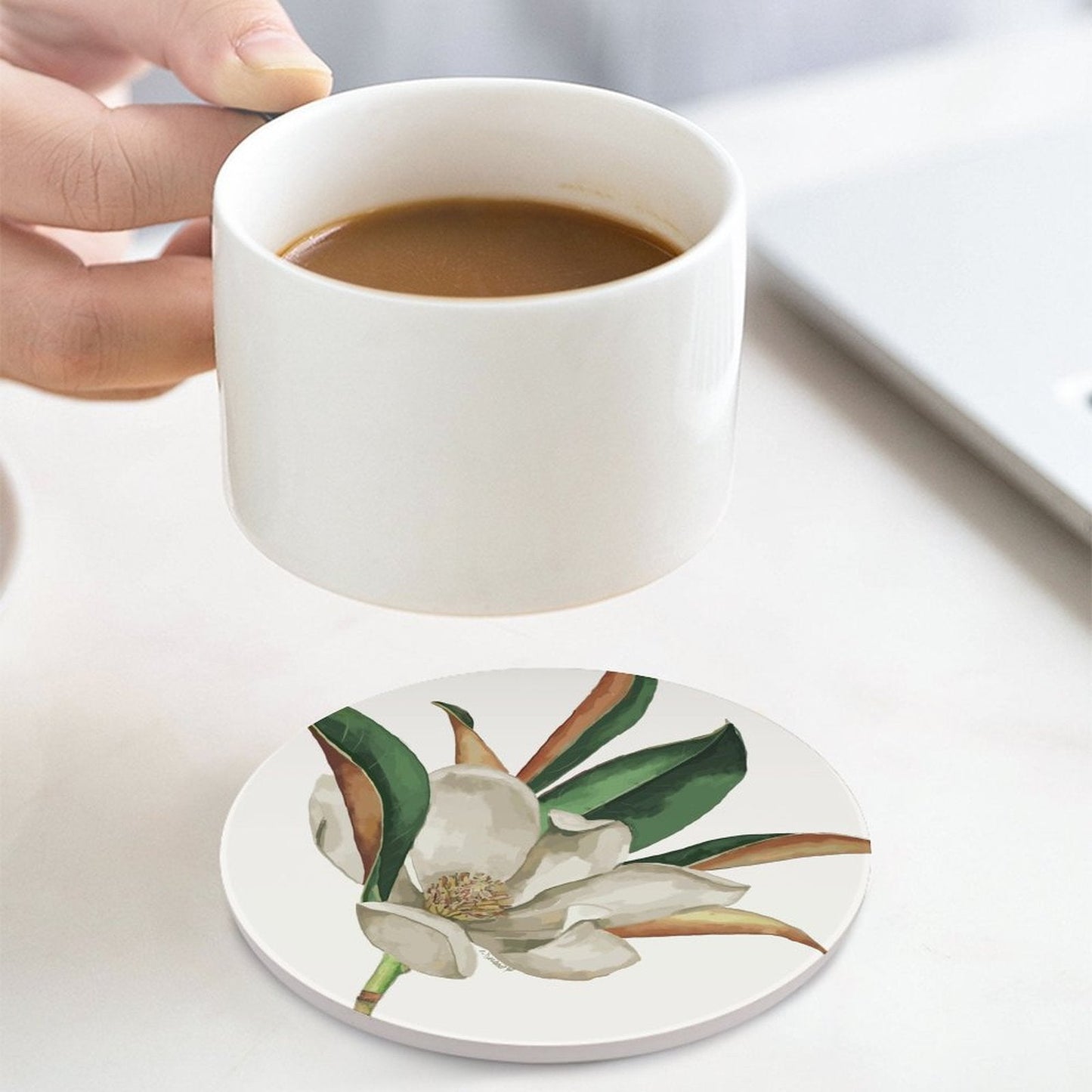 Magnolia Round Ceramic Coaster - Blue Cava