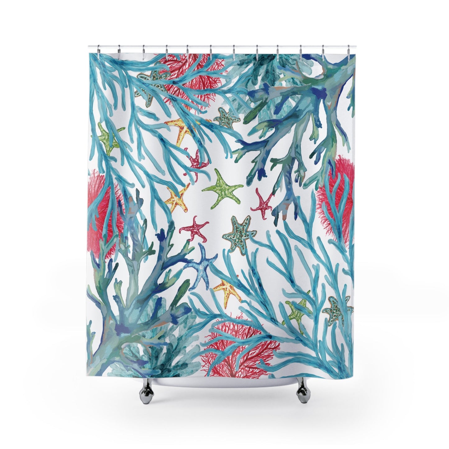 Ocean - Inspired Shower Curtain - Coral & Starfish Design for Coastal Decor - Blue Cava