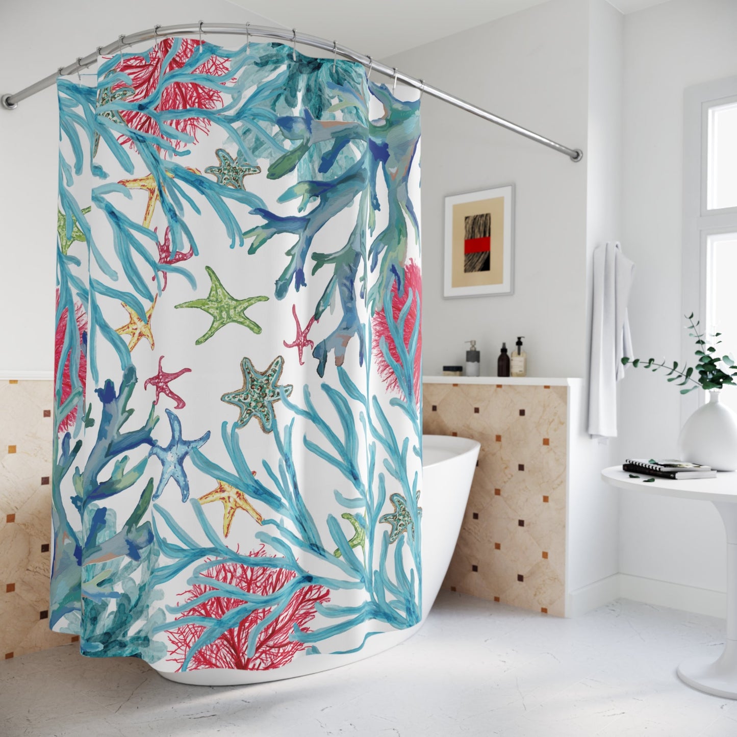 Ocean - Inspired Shower Curtain - Coral & Starfish Design for Coastal Decor - Blue Cava