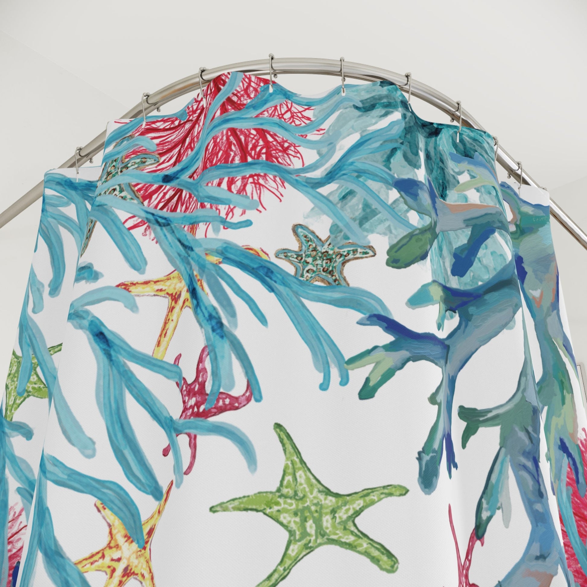 Ocean - Inspired Shower Curtain - Coral & Starfish Design for Coastal Decor - Blue Cava