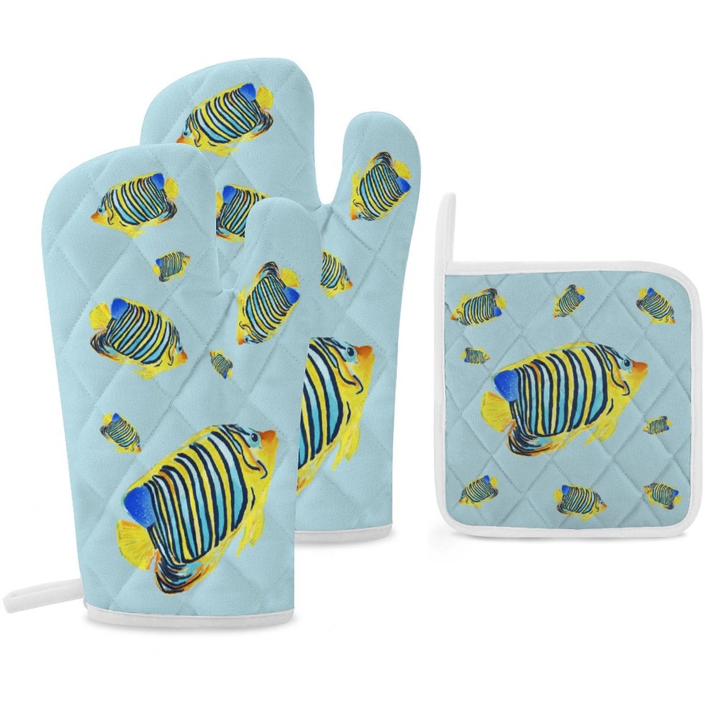 Oven Mitts & Pot Holder Set of 3 (Multi - image Splicing) - Blue Cava