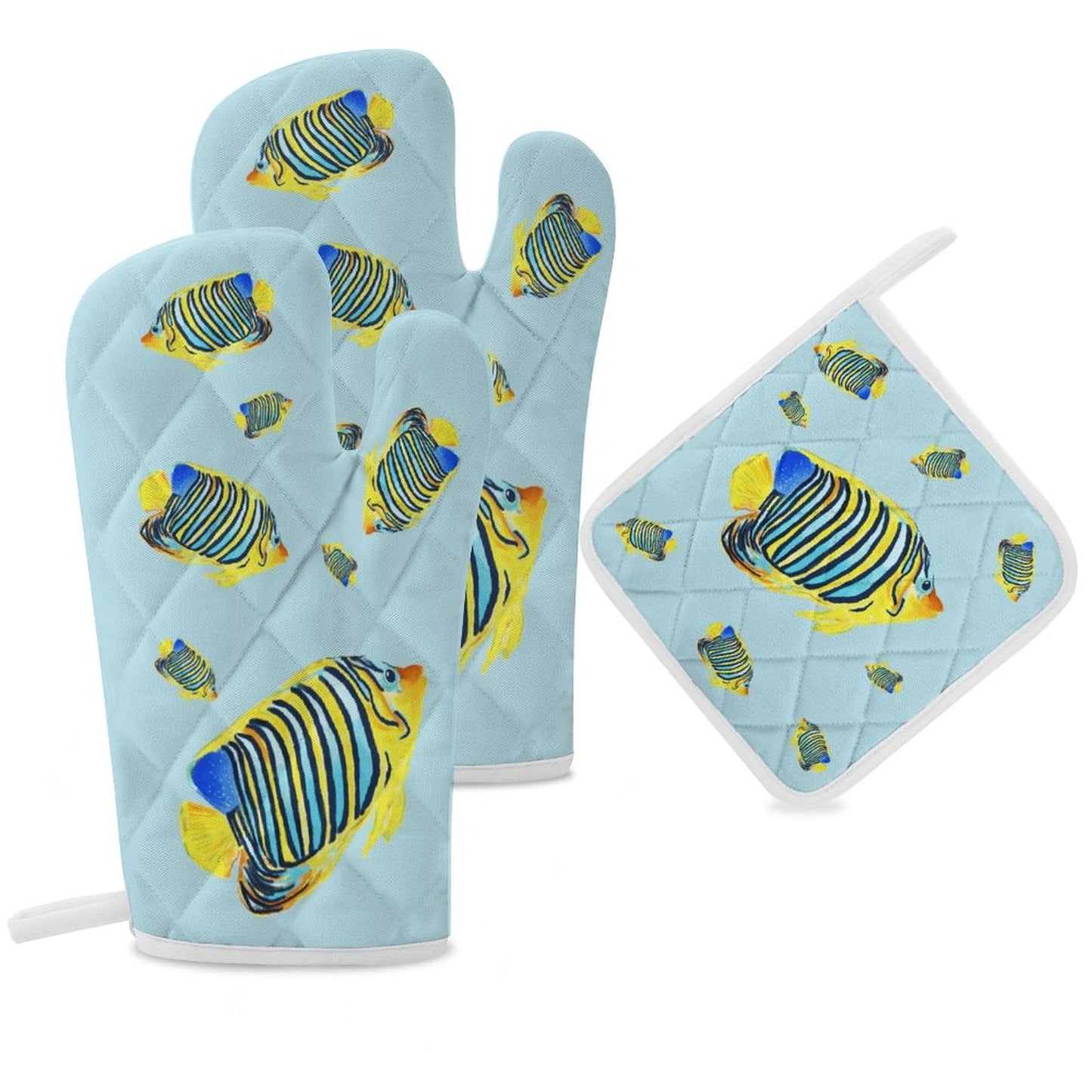 Oven Mitts & Pot Holder Set of 3 (Multi - image Splicing) - Blue Cava