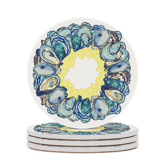 Oyster and Lemons Round Ceramic Coaster Sets - Blue Cava