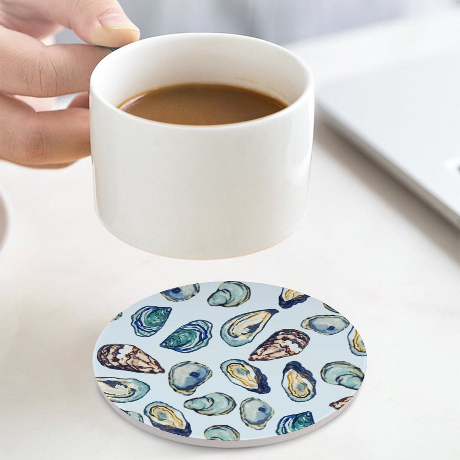 Oyster Round Ceramic Coaster - Blue Cava