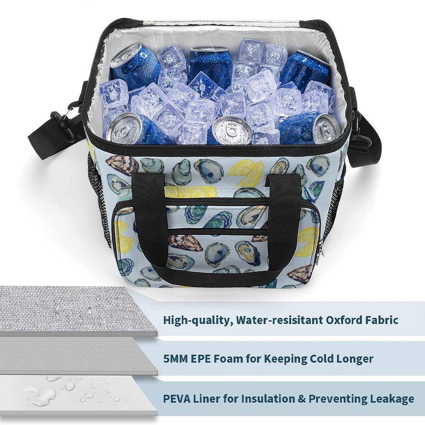 Oysters and Lemons Collapsible Insulated Cooler Bag - Blue Cava