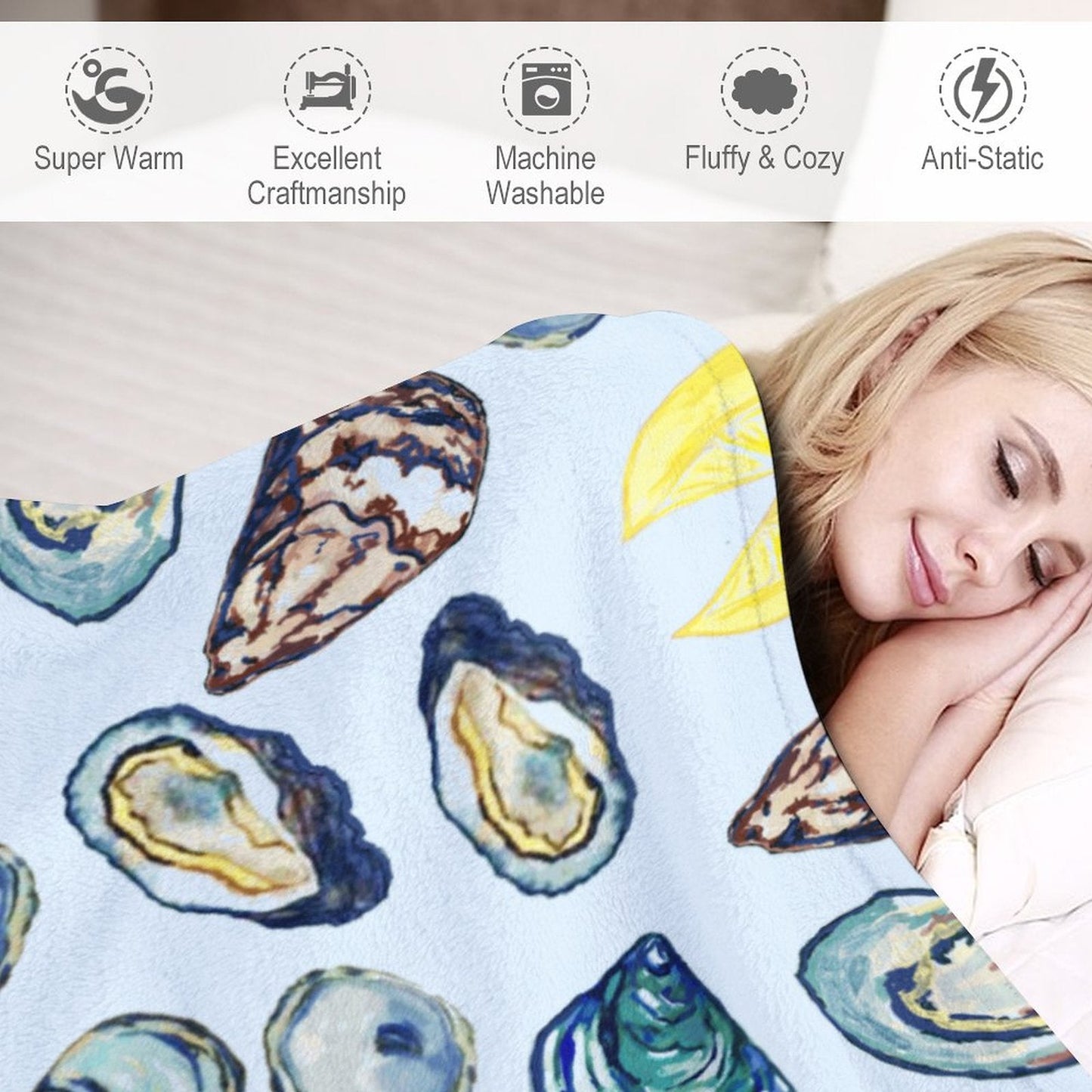 Oysters and Lemons Flannel Blanket - Blue Cava